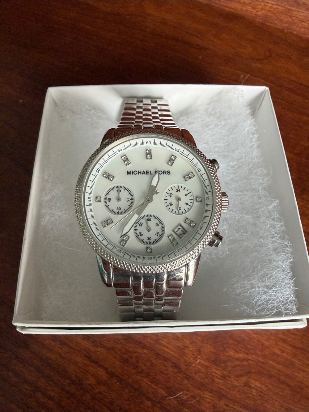 Michael Kors Silver and White Chronograph Watch with Crystal Markers